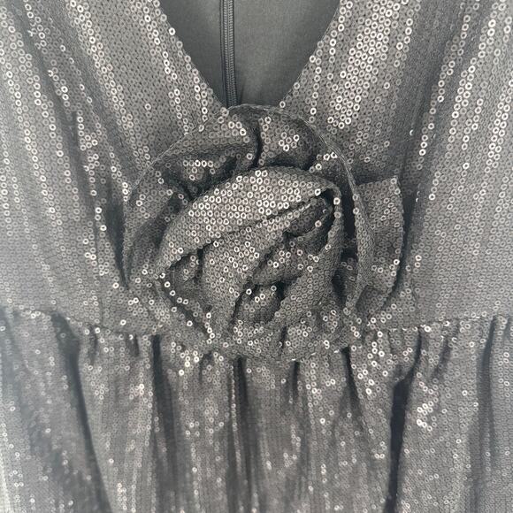 Y2k Ark & Co Sequin Mini Party Dress with Rose Accent Black Nylon Size S Small - Picture 5 of 6